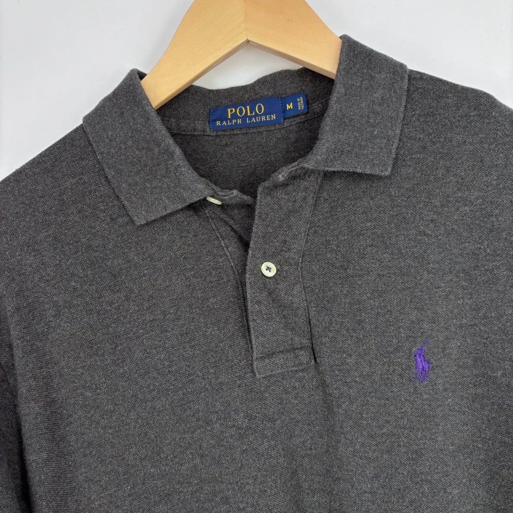 Polo Ralph Lauren Long Sleeve Polo Shirt Mens M Gray Pique Purple Pony Preppy